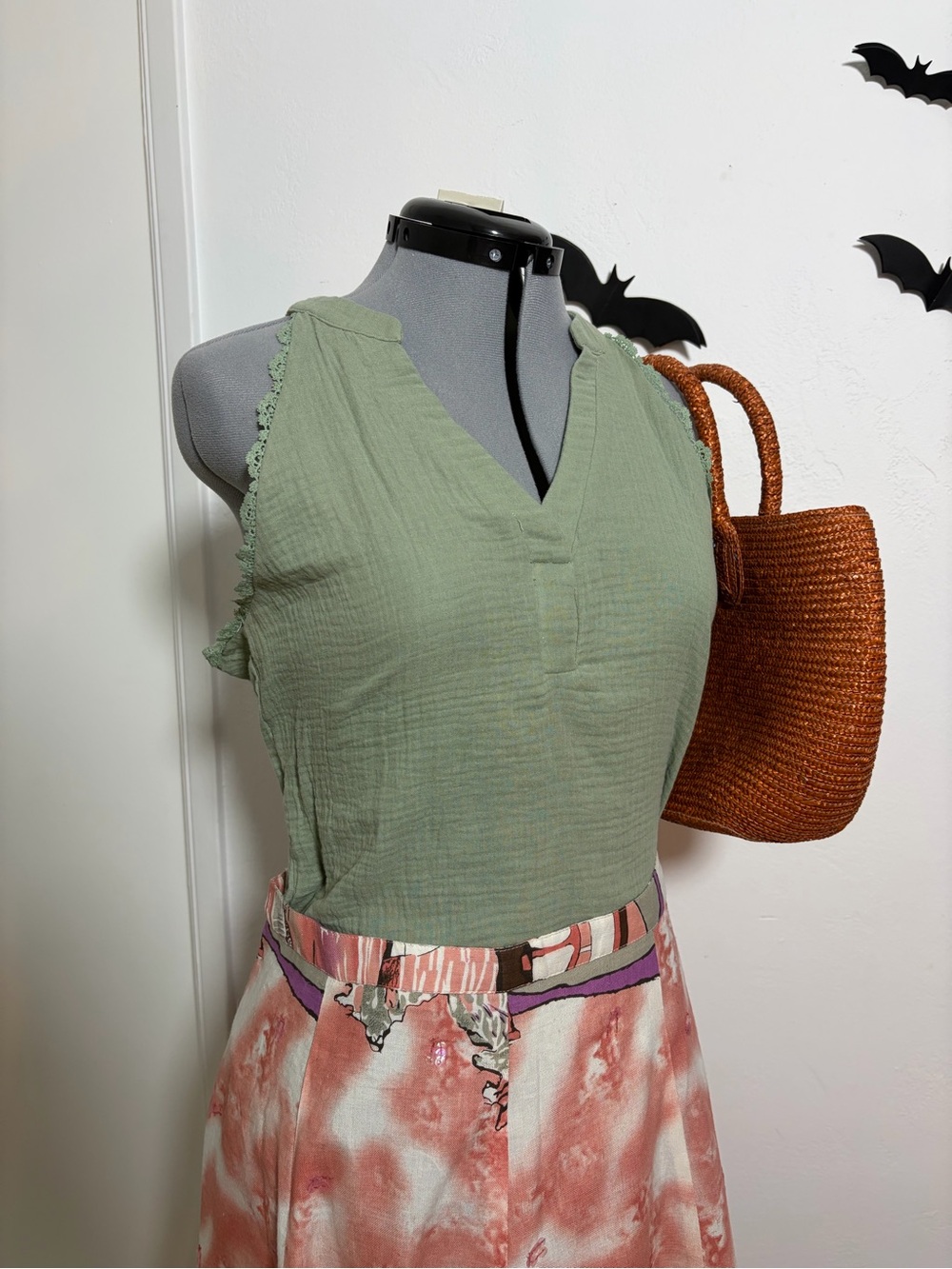 Cupshe Sage Green Cotton Gauze Lace Trim Tank Top size Small